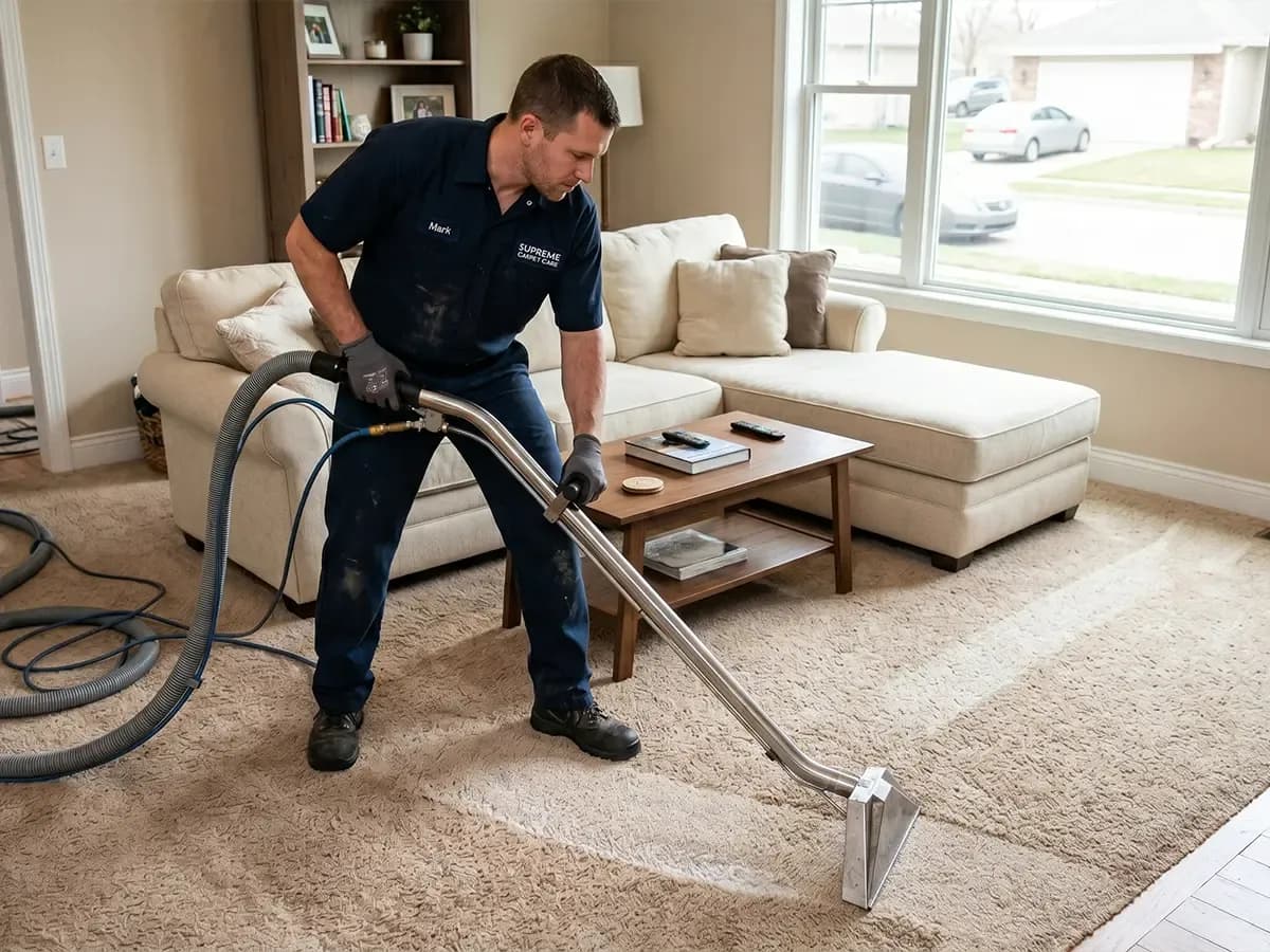Professional carpet cleaner cleaning carpet in a living room